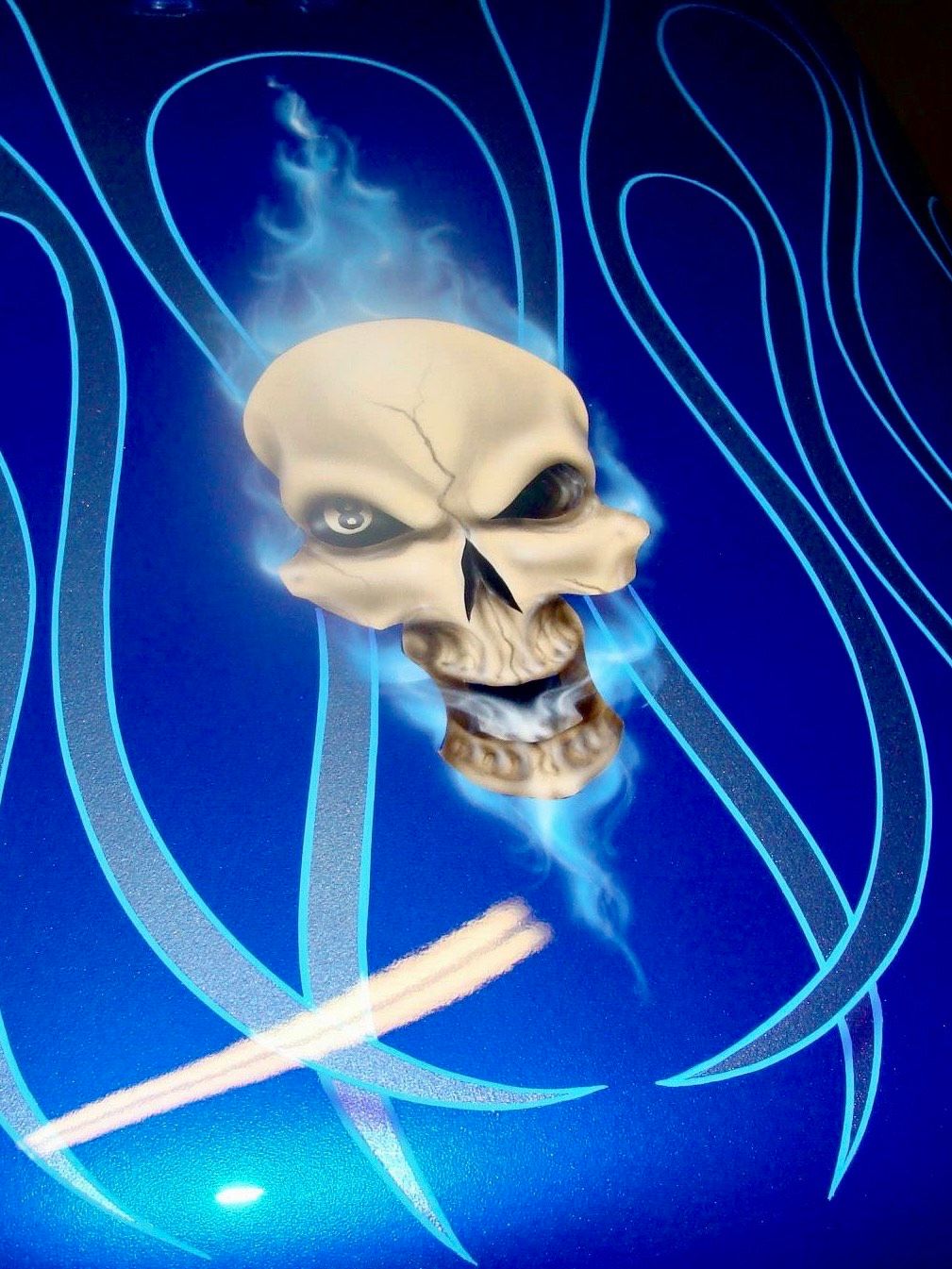 Airbrushed Skull with flames & Pinstriping